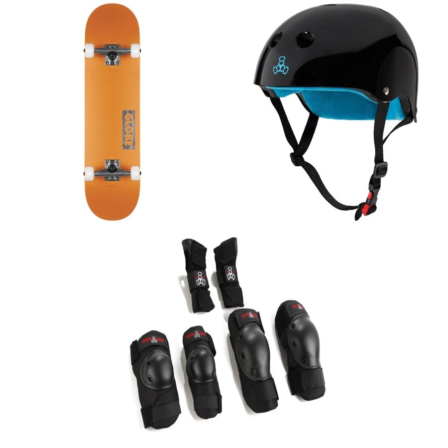 evo Globe Goodstock Skateboard Complete + Triple 8 The Certified Sweatsaver Skateboard Helmet + Saver Series High Impact Skateboard Pad Set