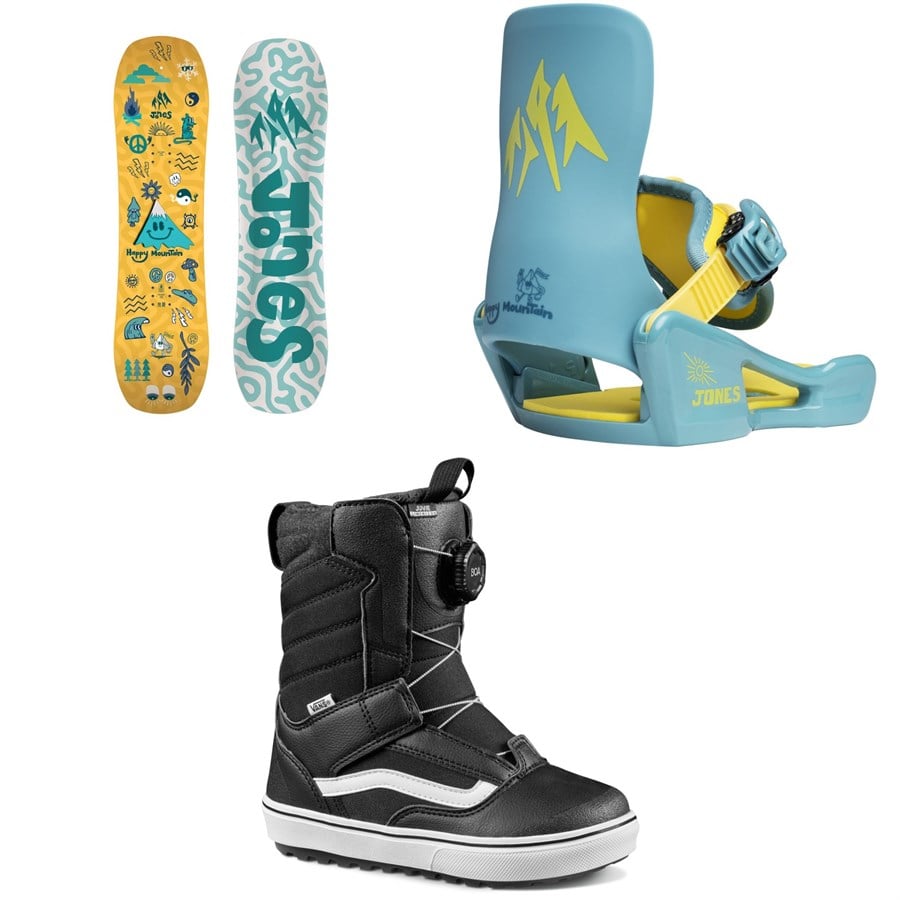 evo Jones Happy Mountain Snowboard + Happy Mountain One Strap Snowboard Bindings + Vans Juvie Linerless Snowboard Boots - Kids' 2026