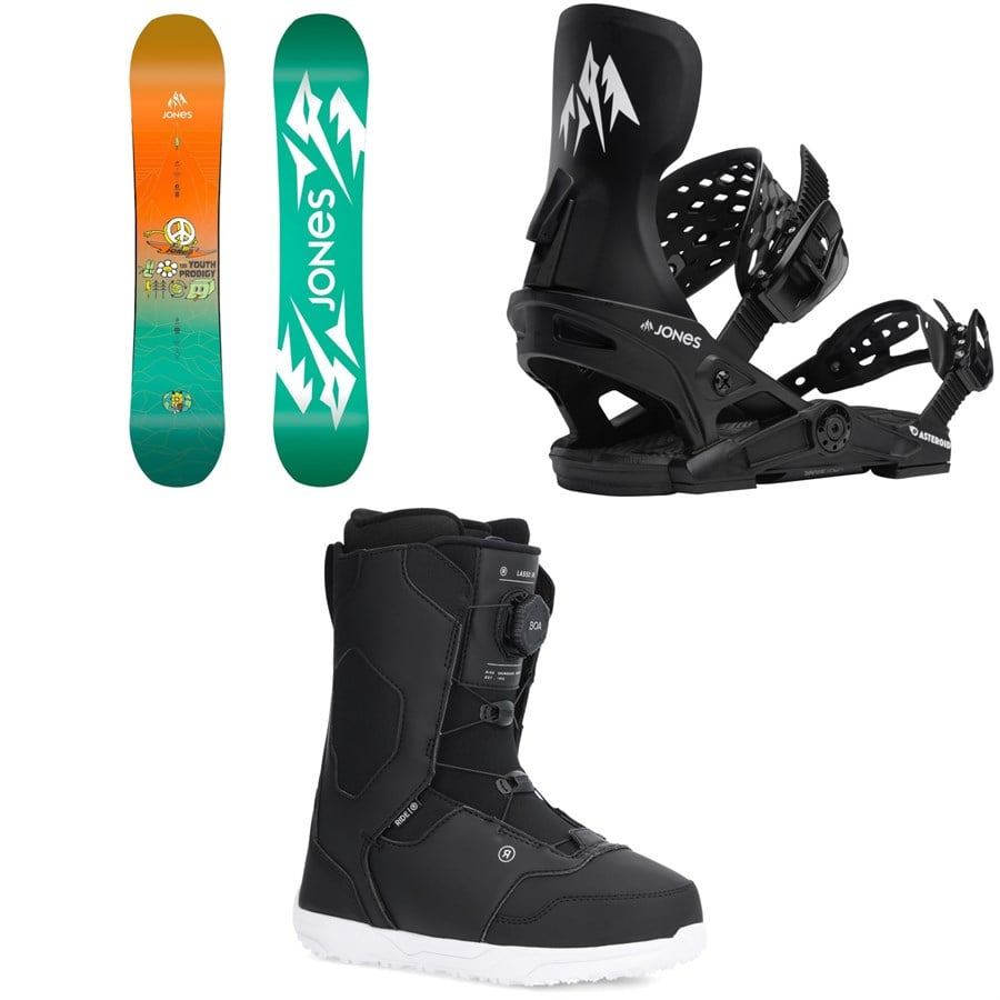 evo Jones Prodigy Snowboard + Asteroid Snowboard Bindings + Ride Lasso Jr Snowboard Boots - Kids' 2026