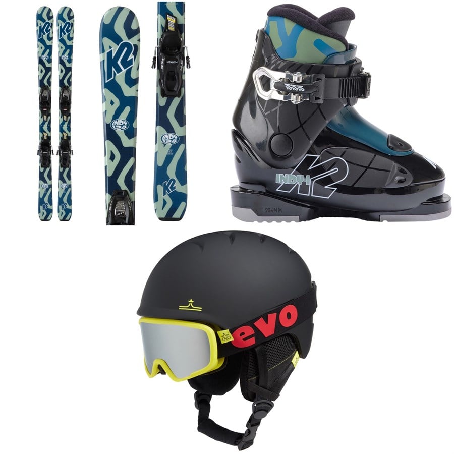 evo K2 Indy Skis + FDT 4.5 Bindings + K2 Indy 1 Ski Boots + evo Sessel Helmet + Goggle Combo - Kids'