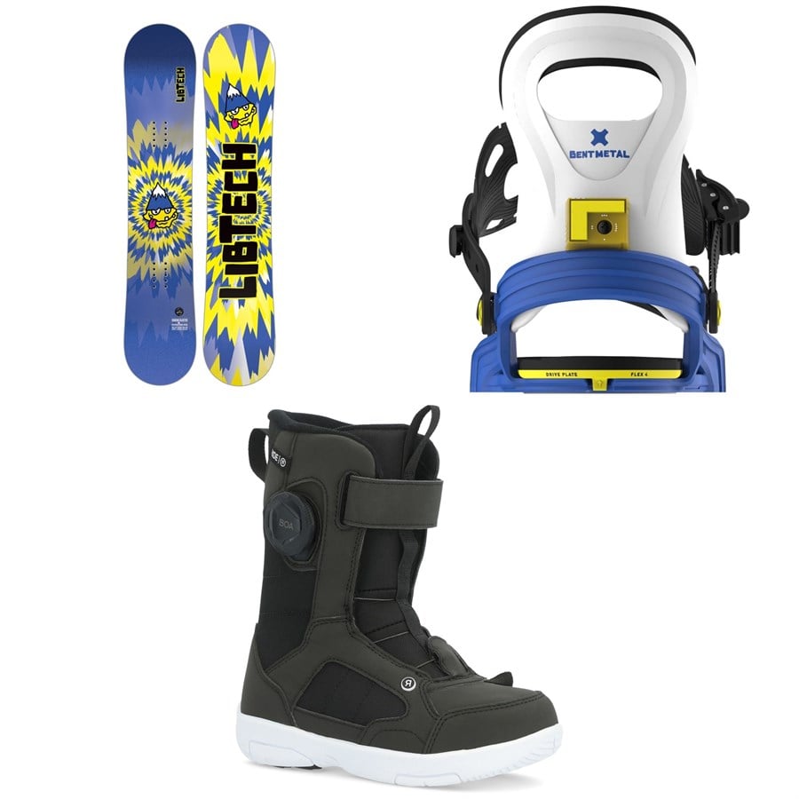 evo Lib Tech Banana Blaster BTX Snowboard + Bent Metal BMX Snowboard Bindings + Ride Norris Snowboard Boots - Kids 2026