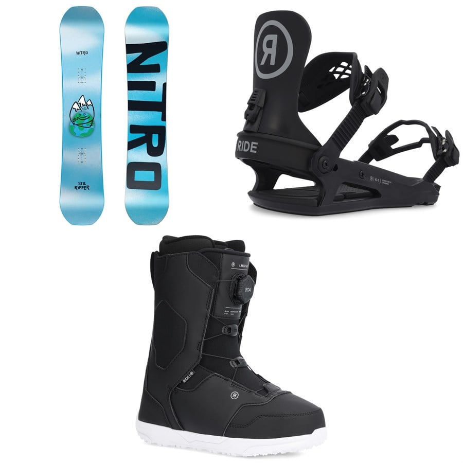 evo Nitro Ripper Snowboard + Ride K-1 Snowboard Bindings + Lasso Jr Snowboard Boots - Kids' 2026