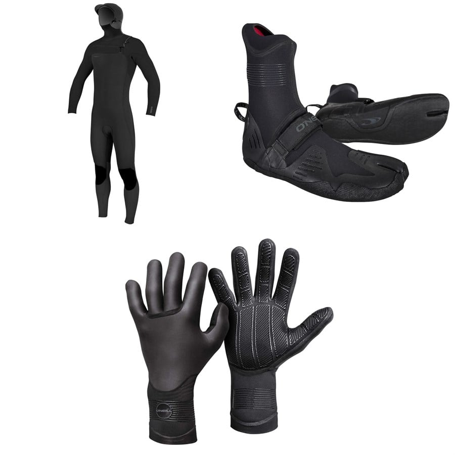 Evo O'Neill 4/3+ Hyperfreak Chest Zip Hooded Wetsuit + 3/2 Psycho Tech Split Toe Wetsuit Boots + 3mm Psycho Tech Gloves