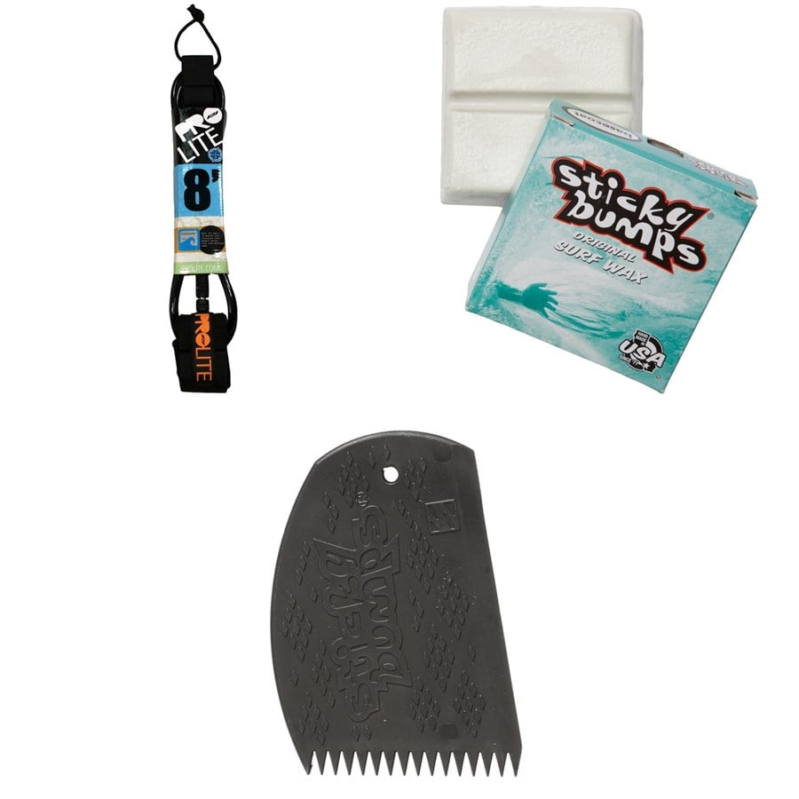 Evo Pro-Lite 8' Freesurf Double Swivel Surfboard Leash + Sticky Bumps Basecoat Wax + Easy Grip Wax Comb
