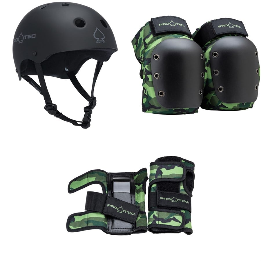 Evo Pro-Tec The Classic Certified EPS Skateboard Helmet + Street Open Back Skateboard Knee Pads + Street Skateboard Wrist Pads