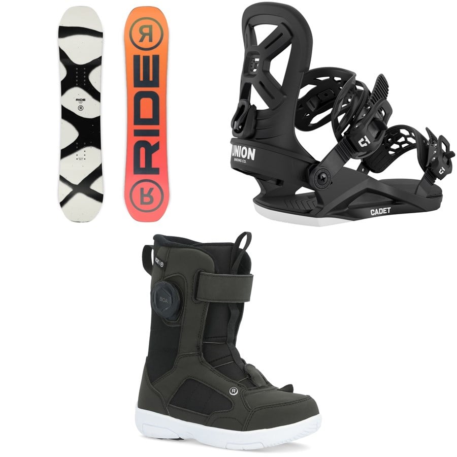 evo Ride Lowride Snowboard + Union Cadet Snowboard Bindings + Ride Norris Snowboard Boots - Kids 2026