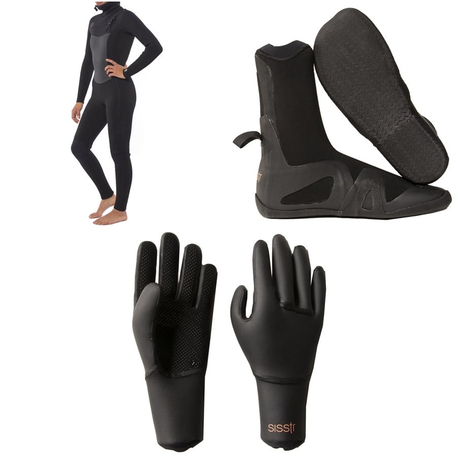Evo Sisstrevolution 5/4 7 Seas Hooded Chest Zip Wetsuit + 5mm Round Toe Wetsuit Boots + 3mm Wetsuit Gloves - Women's