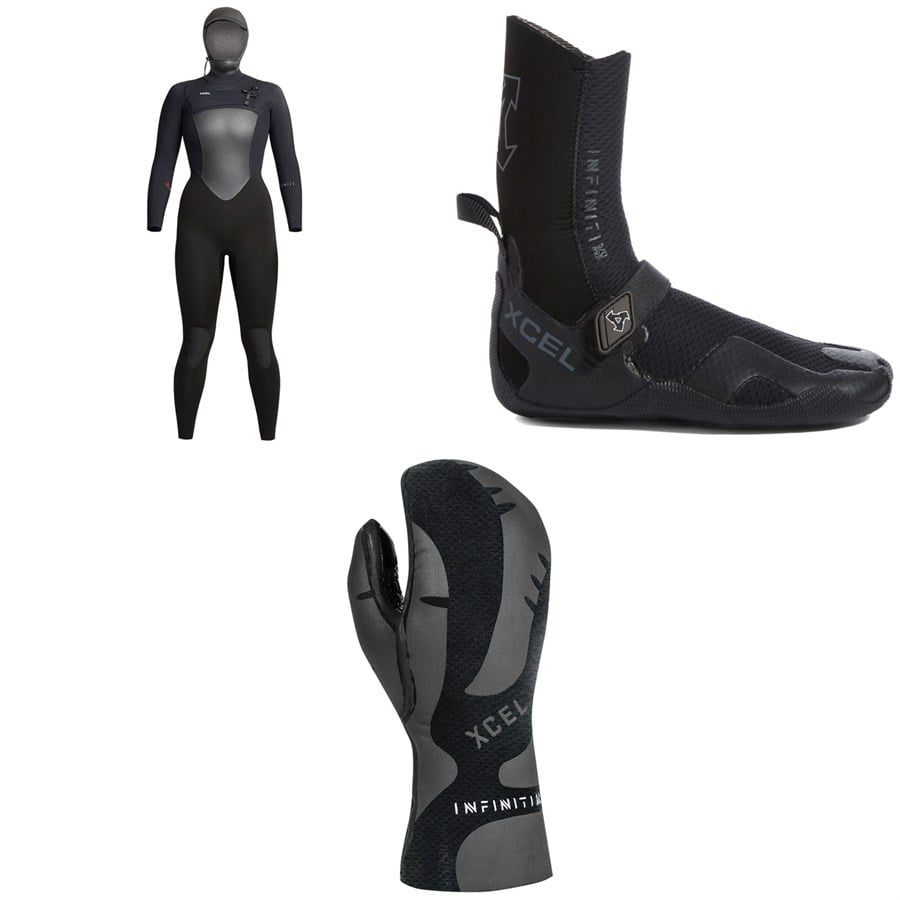 evo XCEL 5/4 Infiniti Hooded Wetsuit - Women's + 5mm Infiniti Round Toe Wetsuit Boots + 5mm Infiniti Wetsuit Mittens