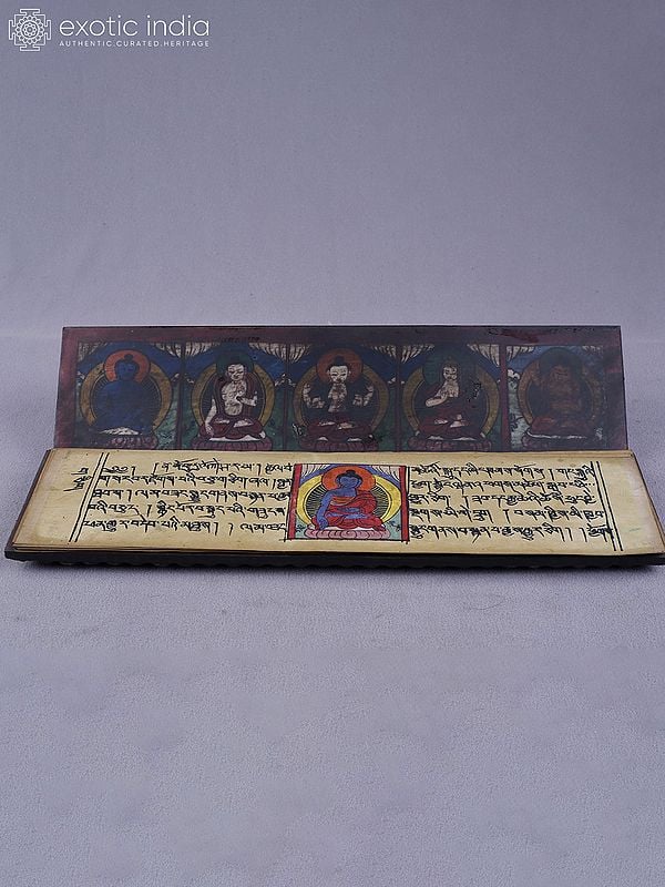 Exotic India 1" Ritual Engraved Tibetan Buddhist Book Cover In Brass With Inlay Work 