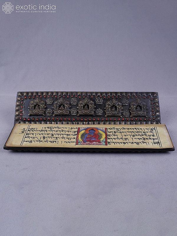 exotic india 1" Ritual Engraved Tibetan Buddhist Book Cover In Brass With Inlay Work 