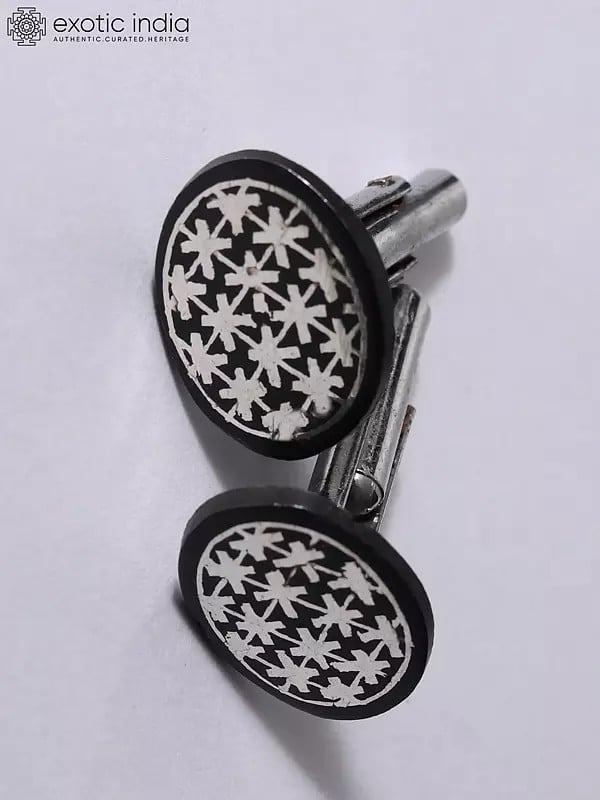 Exotic India 1" Small Beautiful Cufflinks | Bidri Artwork | Gunmetal With Real Silver