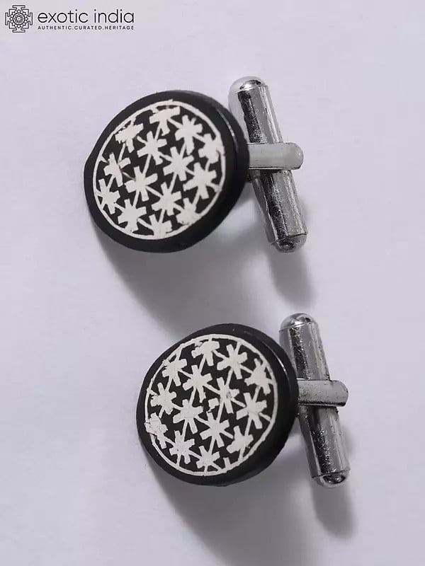 exotic india 1" Small Beautiful Cufflinks | Bidri Artwork | Gunmetal with Real Silver 
