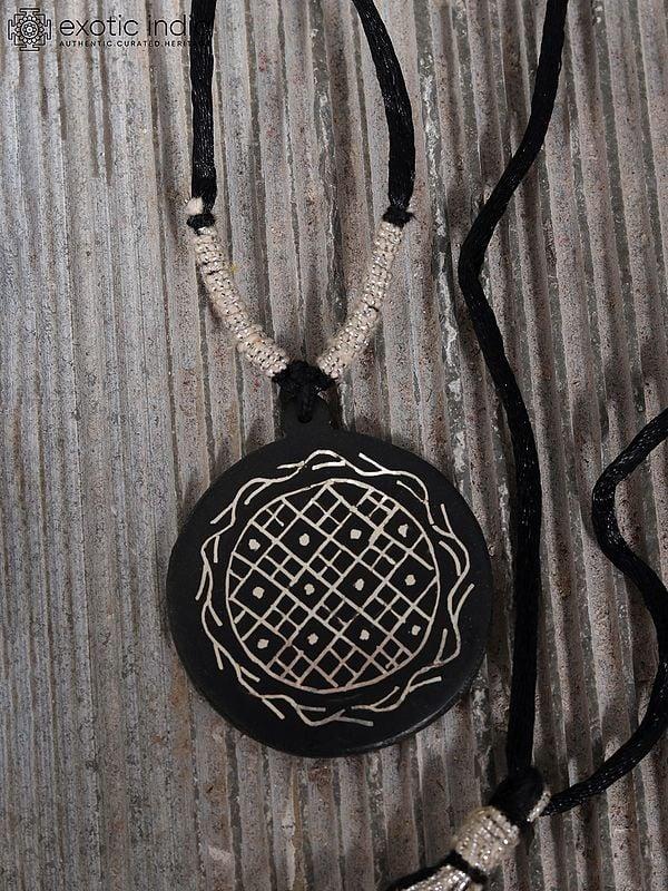 Exotic India 1" Small Beautiful Round Pendant | Bidri Artwork | Gunmetal With Real Silver