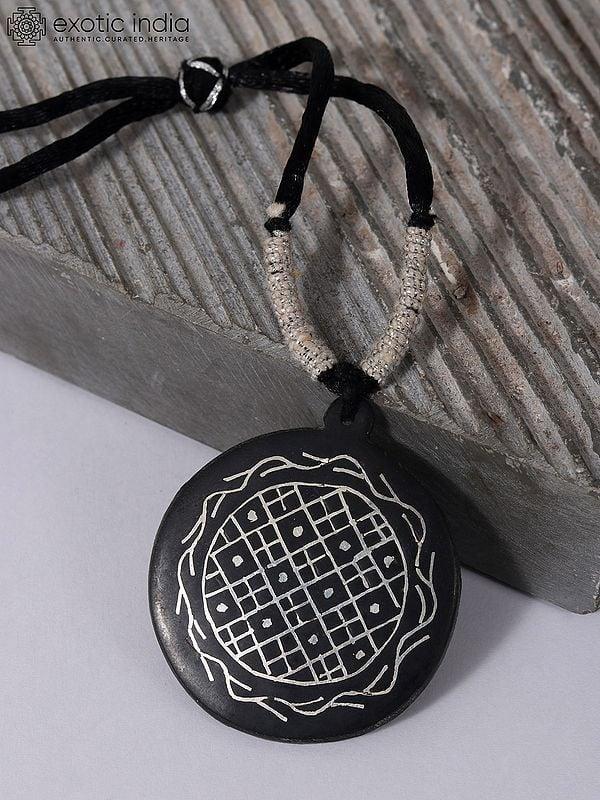 Exotic India 1" Small Beautiful Round Pendant | Bidri Artwork | Gunmetal With Real Silver