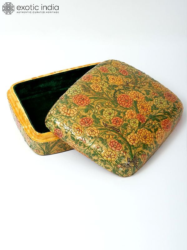 Exotic India 10" Birds On The Tree Handpainted Embossed Papier Mache Box | From Kashmir