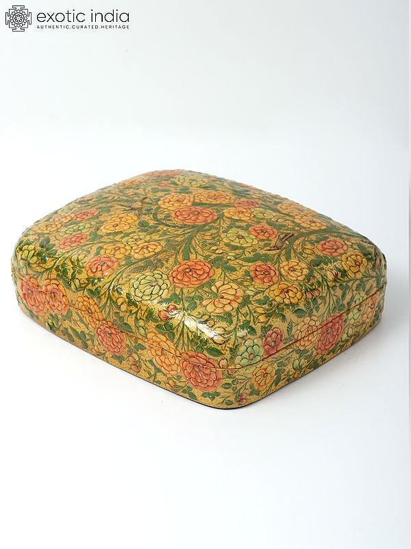 Exotic India 10" Birds On The Tree Handpainted Embossed Papier Mache Box | From Kashmir