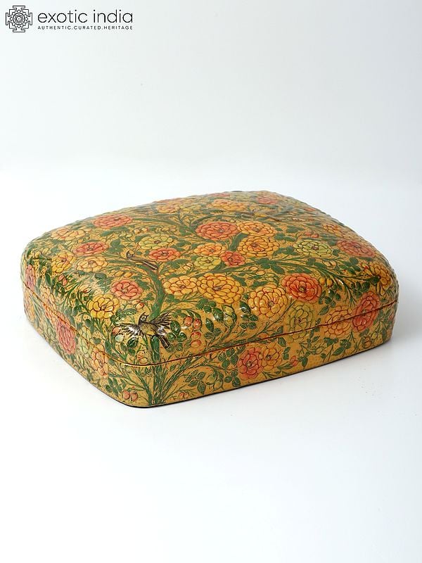 exotic india 10" Birds on The Tree Handpainted Embossed Papier Mache Box | From Kashmir 