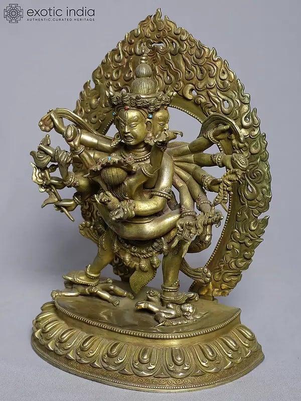 Exotic India 10" Buddhist Deity Chakrasamvara In Copper Gold Plated From Nepal | Handmade Statue 