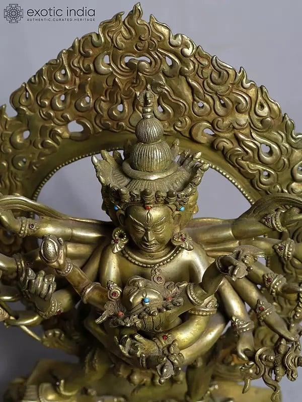Exotic India 10" Buddhist Deity Chakrasamvara In Copper Gold Plated From Nepal | Handmade Statue 