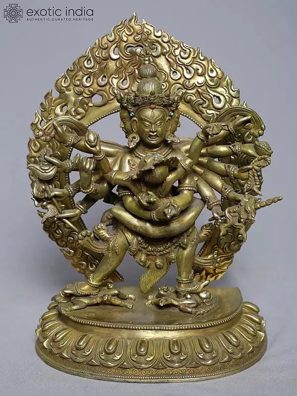 exotic india 10" Buddhist Deity Chakrasamvara In Copper Gold Plated From Nepal | Handmade Statue 