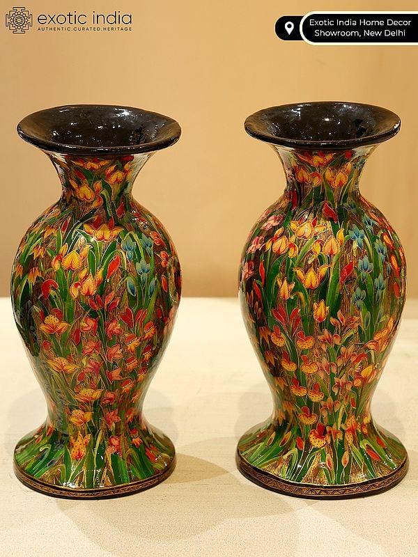Exotic India 10" Colorful Hand Painted Pair Of Papier Mache Vases From Kashmir | Home Decor 