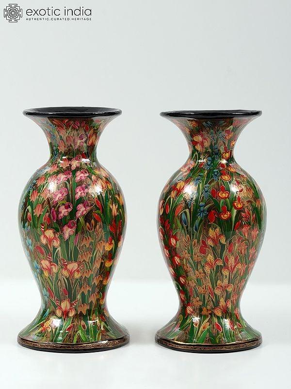 Exotic India 10" Colorful Hand Painted Pair Of Papier Mache Vases From Kashmir | Home Decor 