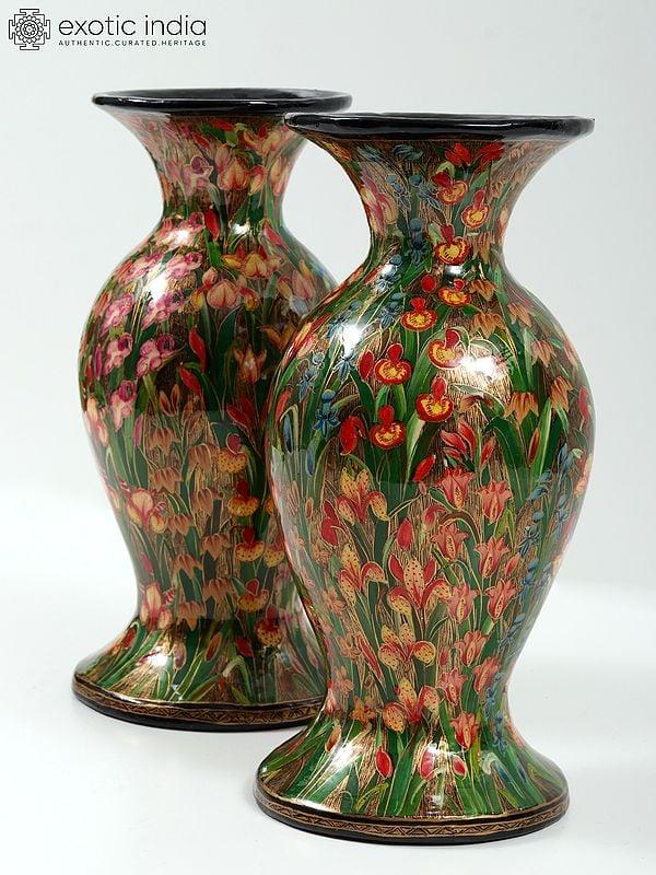Exotic India 10" Colorful Hand Painted Pair Of Papier Mache Vases From Kashmir | Home Decor 