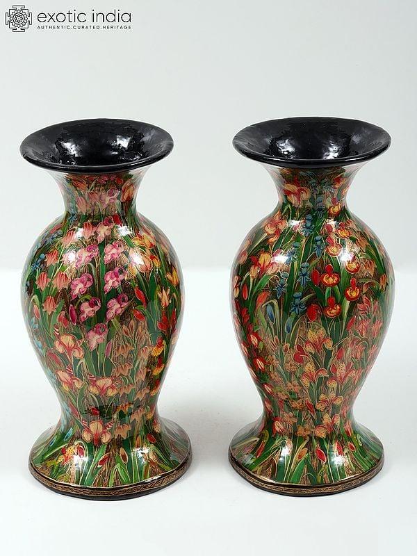 exotic india 10" Colorful Hand Painted Pair of Papier Mache Vases from Kashmir | Home Decor 