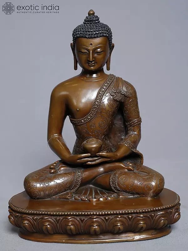 exotic india 10" Copper Gold Plated Amitabha Buddha Statue In Dhyan Mudra From Nepal 