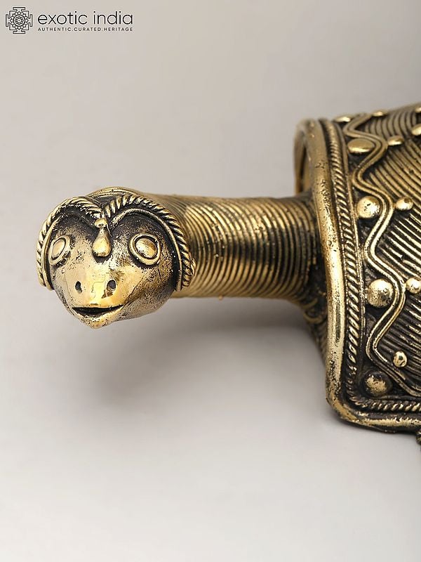 Exotic India 10" Decorative Brass Tortoise With Candle Stand | Dhokra Art | Home Decor