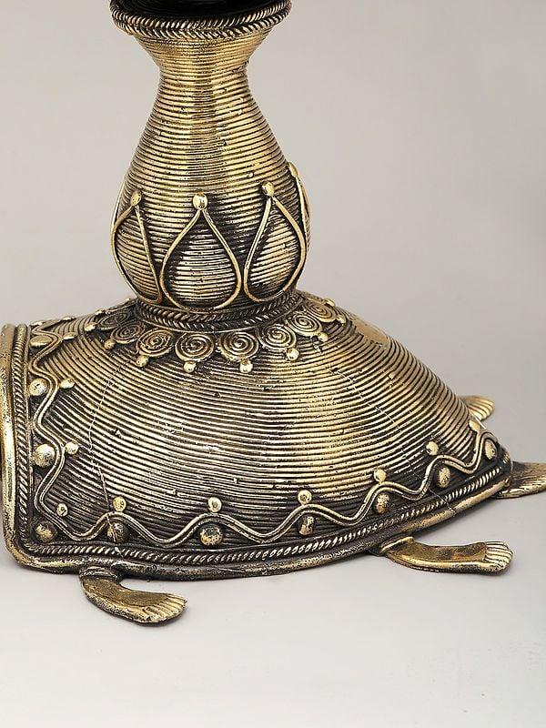 Exotic India 10" Decorative Brass Tortoise With Candle Stand | Dhokra Art | Home Decor