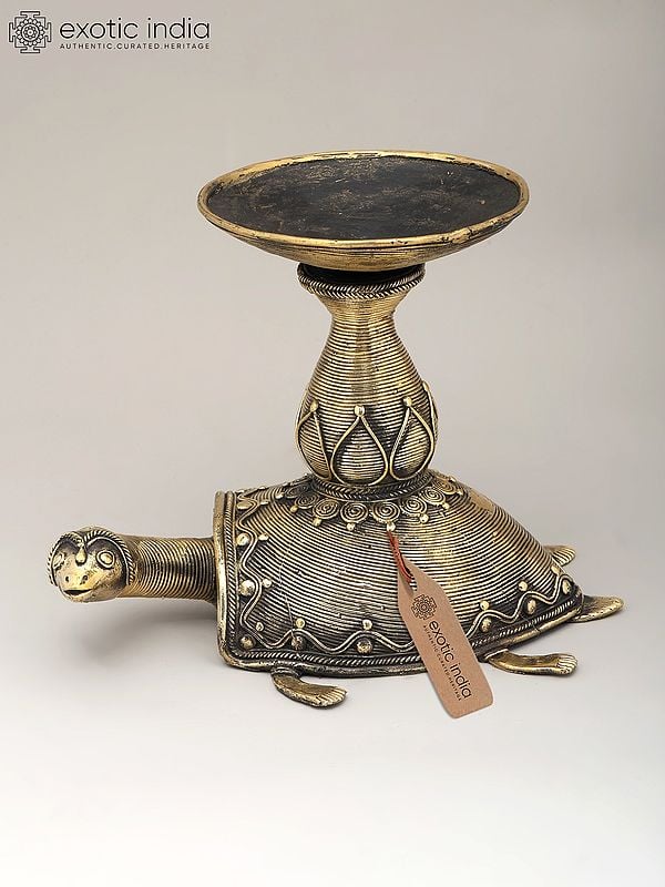 exotic india 10" Decorative Brass Tortoise with Candle Stand | Dhokra Art | Home Decor 