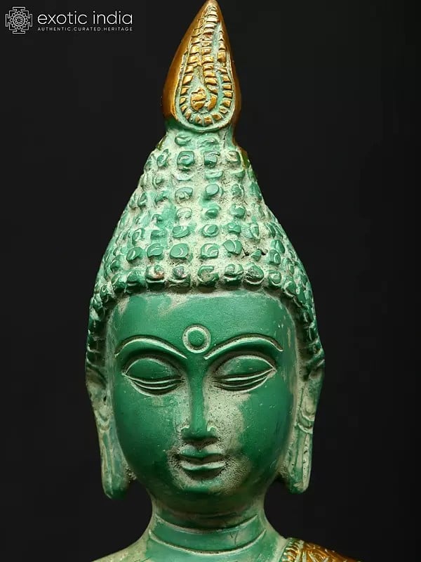 Exotic India 10" Divine Buddha Bust With Golden Robe Accent | Brass Statue 