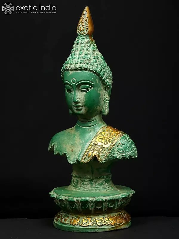 Exotic India 10" Divine Buddha Bust With Golden Robe Accent | Brass Statue 