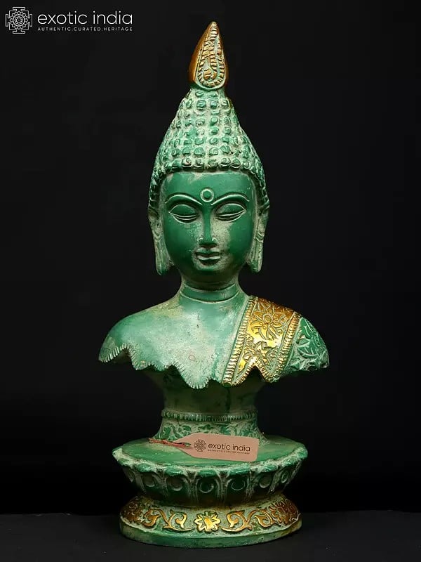 exotic india 10" Divine Buddha Bust with Golden Robe Accent | Brass Statue 