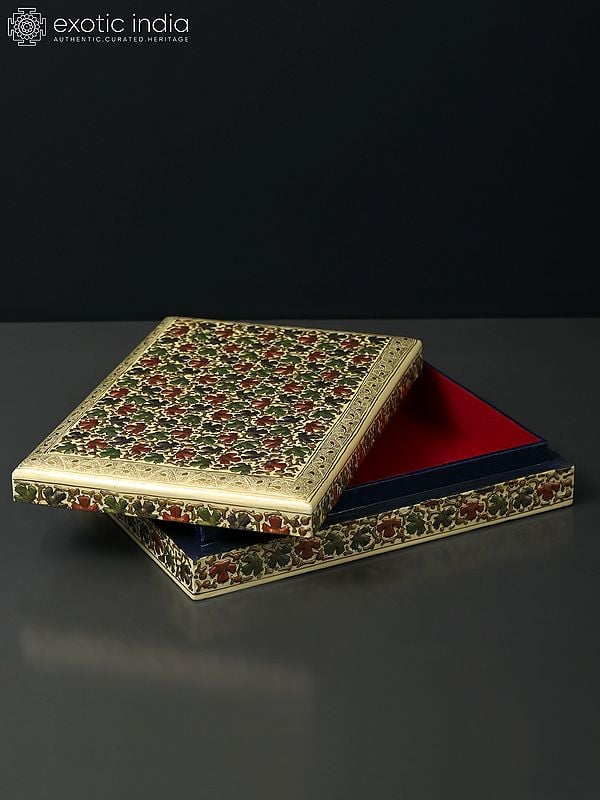 Exotic India 10" Embossed Hand Painted Designer Storage Box In Wood