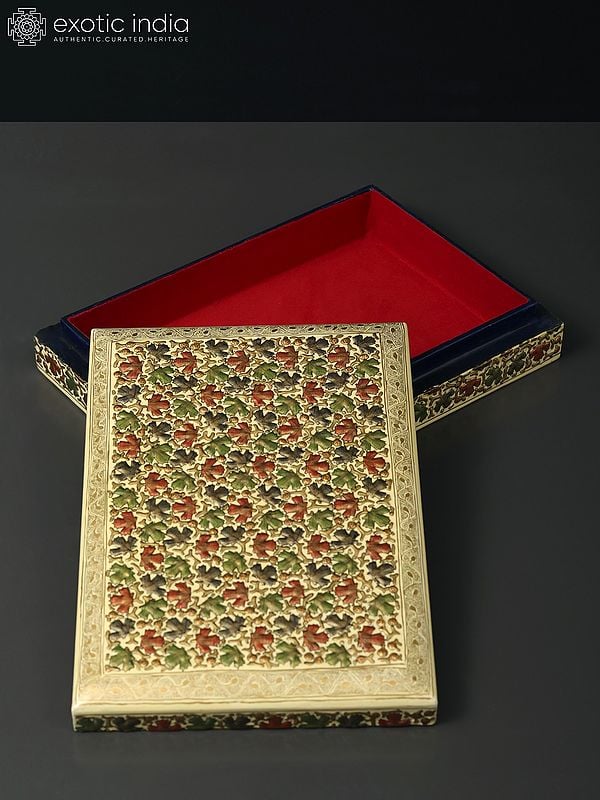 Exotic India 10" Embossed Hand Painted Designer Storage Box In Wood