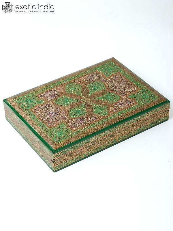 Exotic India 10" Floral Design Hand-Painted Wood Box 