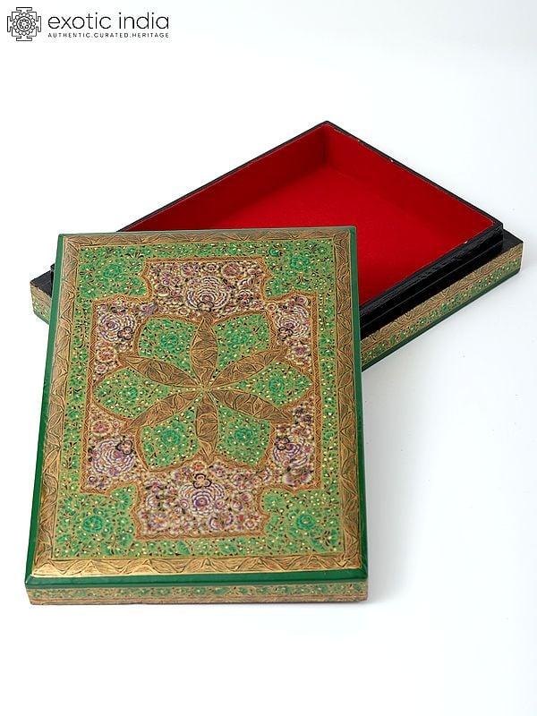 Exotic India 10" Floral Design Hand-Painted Wood Box 