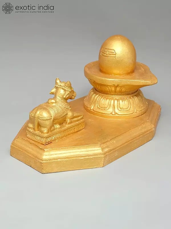 Exotic India 10" Golden Colored Nandi Shivalinga In Wood 