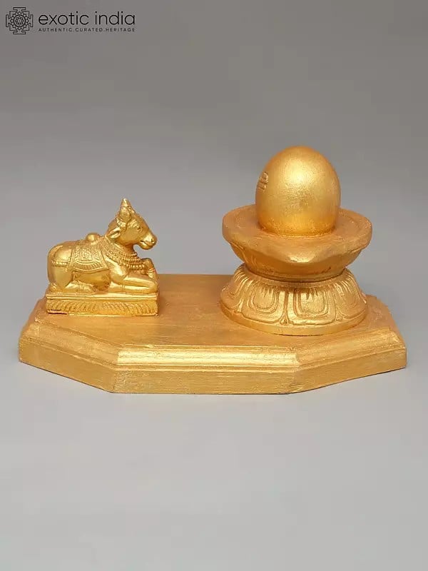 exotic india 10" Golden Colored Nandi Shivalinga in Wood 