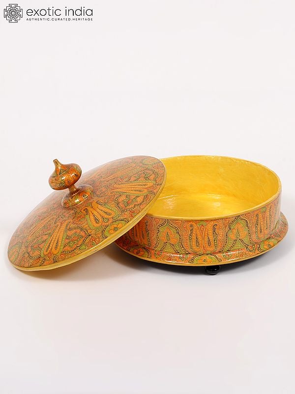 Exotic India 10" Hand-Painted Bowl With Lid | From Kashmir 