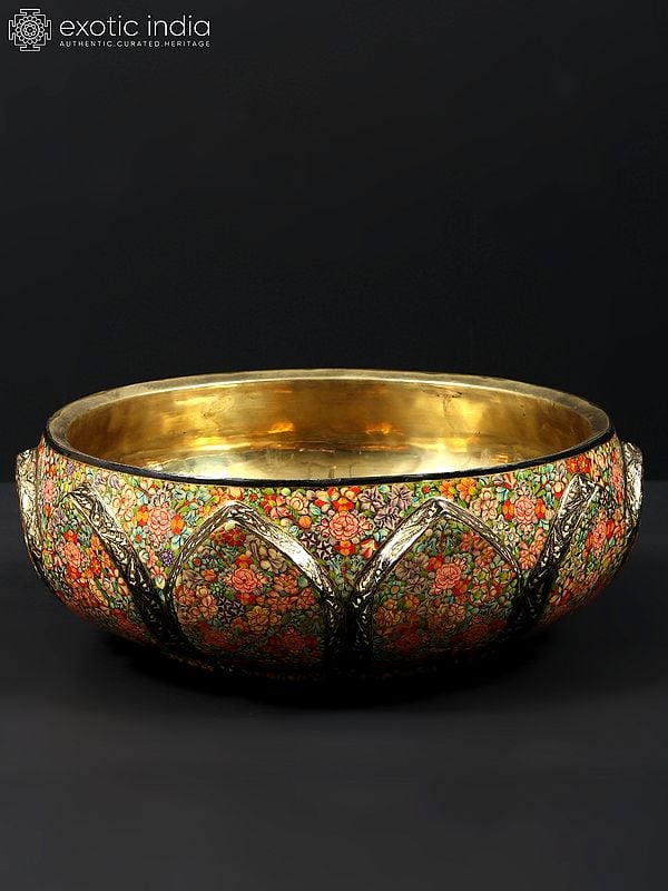 Exotic India 10" Hand Painted Papier Mache Bowl With Brass Inside | 24 Karat Gold Work | From Kashmir 