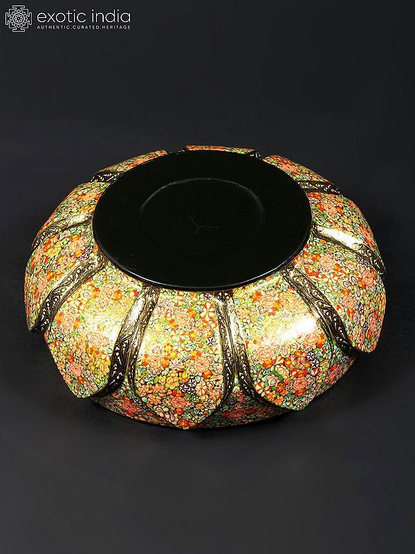 Exotic India 10" Hand Painted Papier Mache Bowl With Brass Inside | 24 Karat Gold Work | From Kashmir 