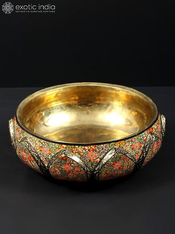 exotic india 10" Hand Painted Papier Mache Bowl with Brass Inside | 24 Karat Gold Work | From Kashmir 