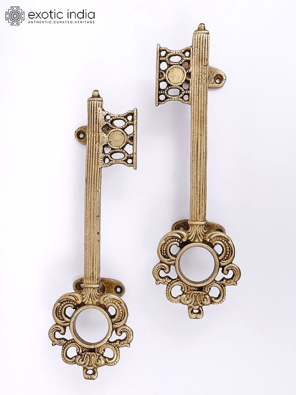 Exotic India 10" Key Design Brass Door Handles In Pair 