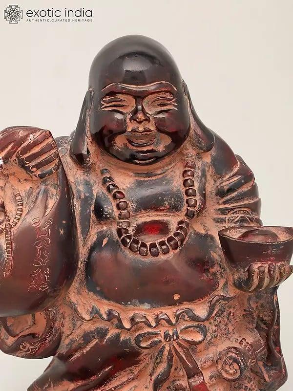 Exotic India 10" Laughing Buddha With Wealth Bag And Bowl - Symbol Of Prosperity & Good Luck | Brass Statue 