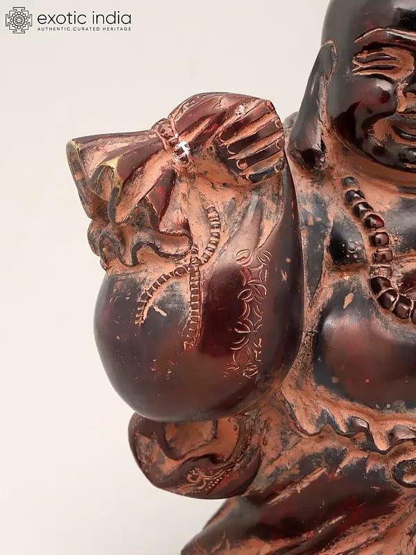 Exotic India 10" Laughing Buddha With Wealth Bag And Bowl - Symbol Of Prosperity & Good Luck | Brass Statue 