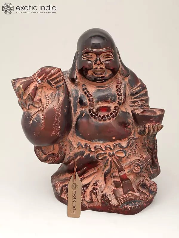 exotic india 10" Laughing Buddha with Wealth Bag and Bowl - Symbol of Prosperity & Good Luck | Brass Statue 