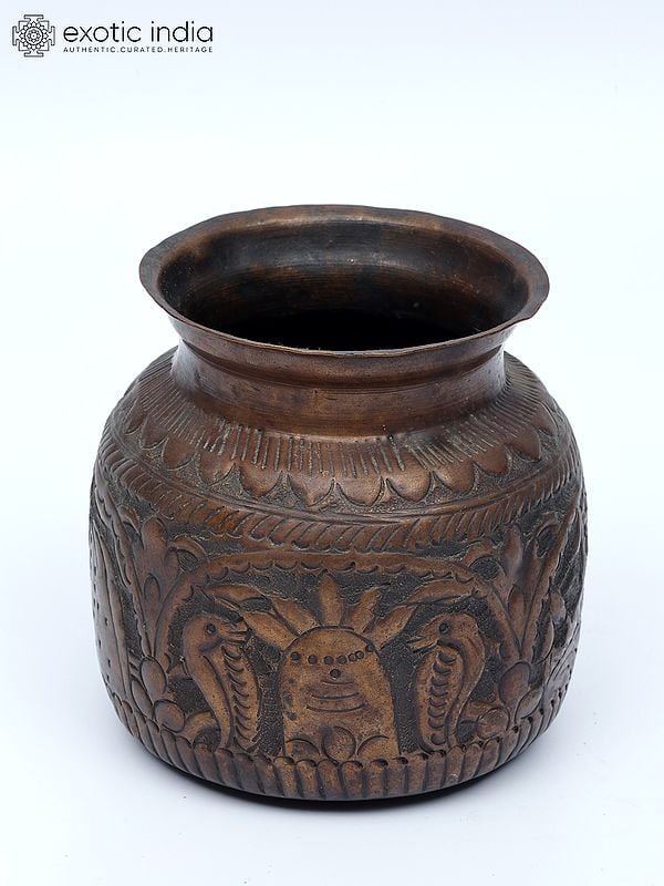 Exotic India 10" Set Of Three Vintage Puja Kalash In Copper 